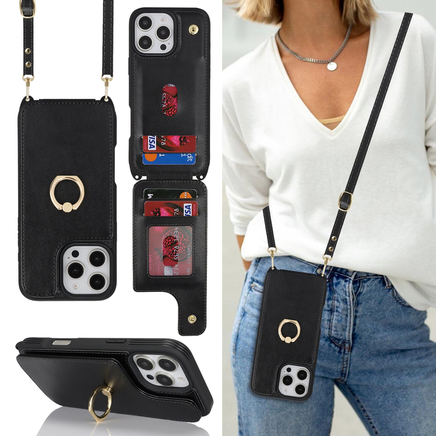 iPhone & Samsung Case with Card Holder and Strap for Women,Crossbody Lanyard,Ring Stand,Snap Clasp,Cute Phone Wallet Cases