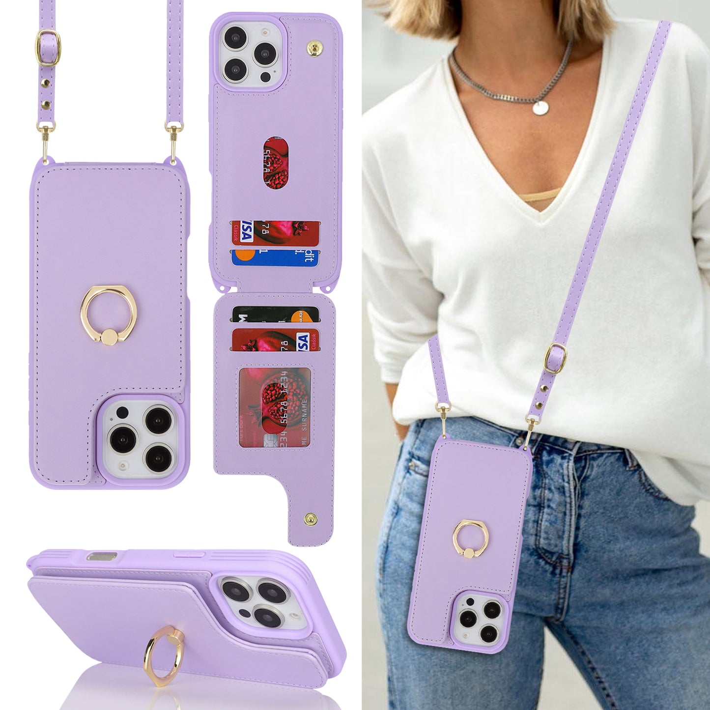 iPhone & Samsung Case with Card Holder and Strap for Women,Crossbody Lanyard,Ring Stand,Snap Clasp,Cute Phone Wallet Cases