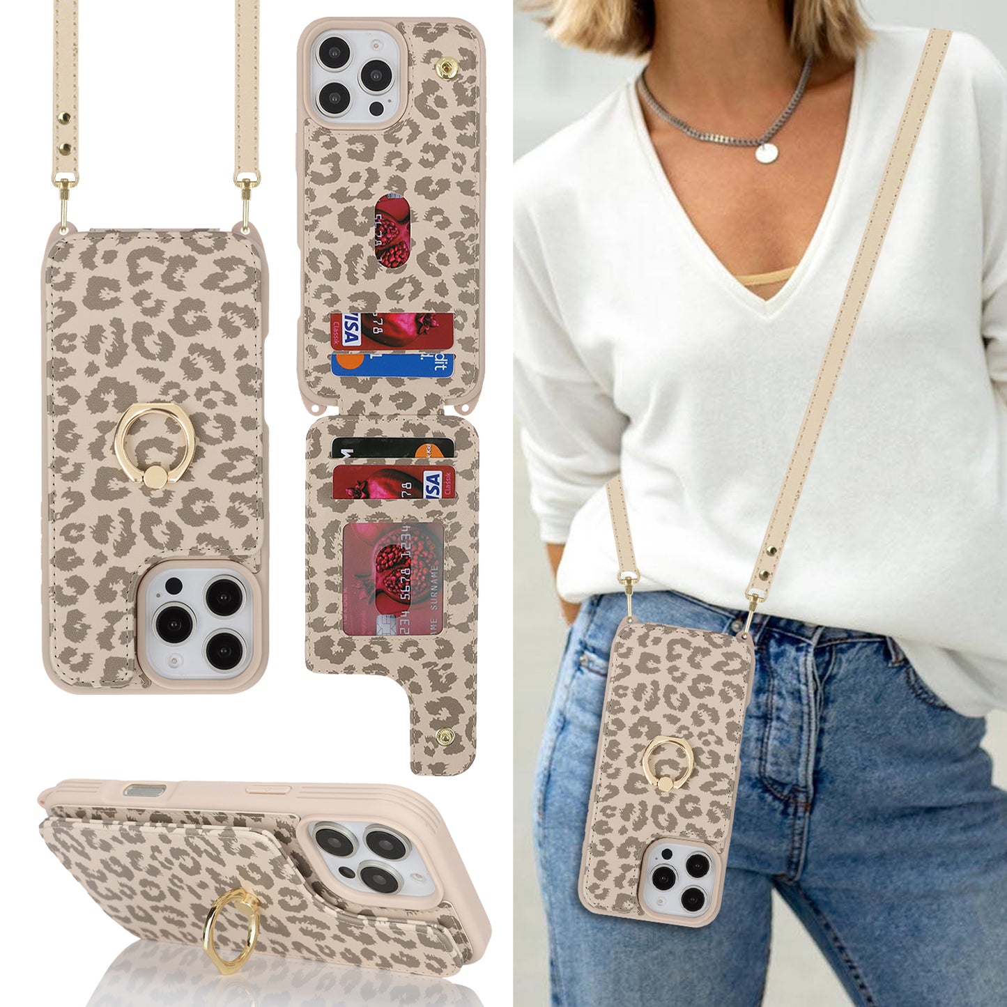 iPhone & Samsung Case with Card Holder and Strap for Women,Crossbody Lanyard,Ring Stand,Snap Clasp,Cute Phone Wallet Cases