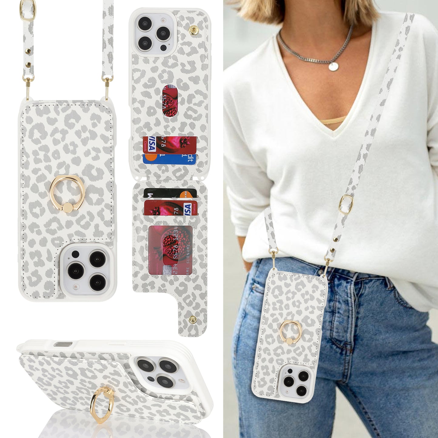 iPhone & Samsung Case with Card Holder and Strap for Women,Crossbody Lanyard,Ring Stand,Snap Clasp,Cute Phone Wallet Cases