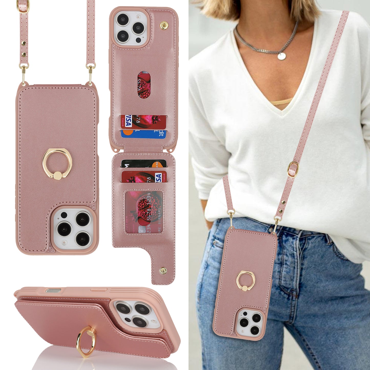 iPhone & Samsung Case with Card Holder and Strap for Women,Crossbody Lanyard,Ring Stand,Snap Clasp,Cute Phone Wallet Cases